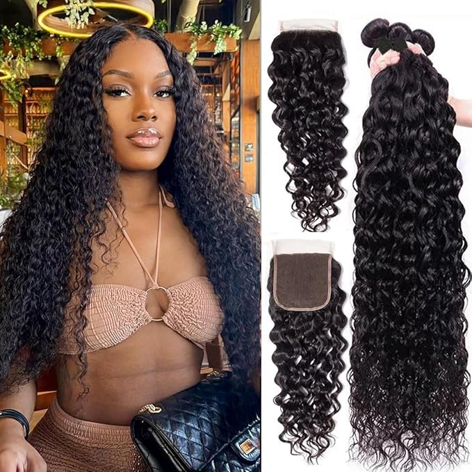 Bundles with Closure Water Wave 12A Unprocessed Brazilian Virgin Human Hair(18 20 22+16,Free Part) Bundles and Closure Water Wave Pre Plucked with Baby Hair Natural Color