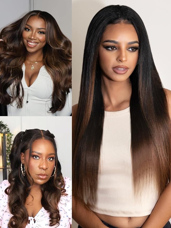 Julia Hair V Part Yaki Glueless Human Hair Wig Seamless Edge Clip in Half Wig Vpart Wigs No Sew in No Glue Ombre Chestnut Brown Upgrade U Part No Leave Out Beginner Friendly 16 Inch