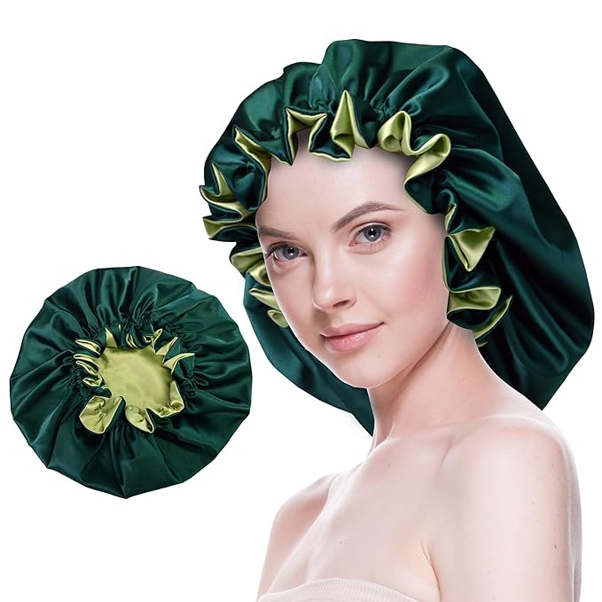 Silk Bonnet for Sleeping Satin Bonnets Double Layer Reversible Hair Cap Bonnet for Women Long Curly Braid Hair (Dark Green)