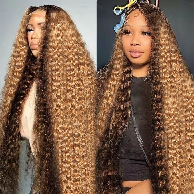 MEGOOD 250% Density 13x6 Highlight Ombre Lace Front Wig Human Hair 13x6 HD Honey Blonde 4/27 Curly Wig Human Hair Pre Plucked For Black Woman Deep Wave Lace Front Wigs Human Hair Colored Wigs 22Inch
