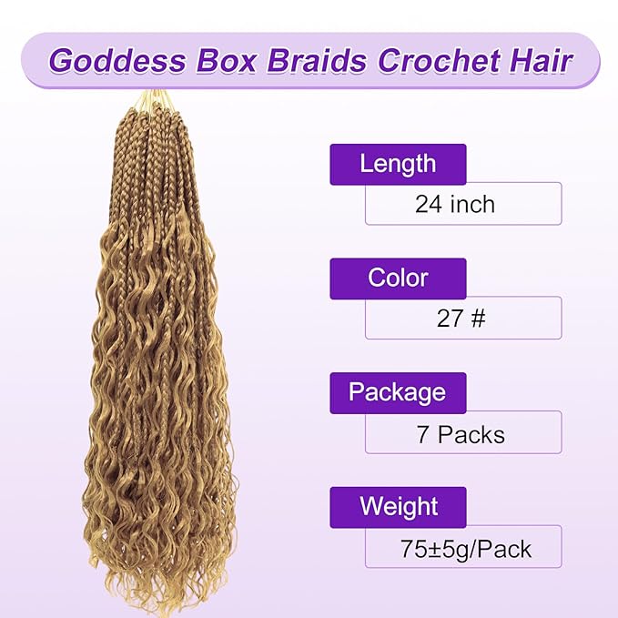 Eacia Goddess Box Braids Crochet Hair 24 Inch 7 Packs Long Boho Crochet Hair with Curly Ends Pre Looped Blonde Bohemian Box Braids(24 Inch, 27#)