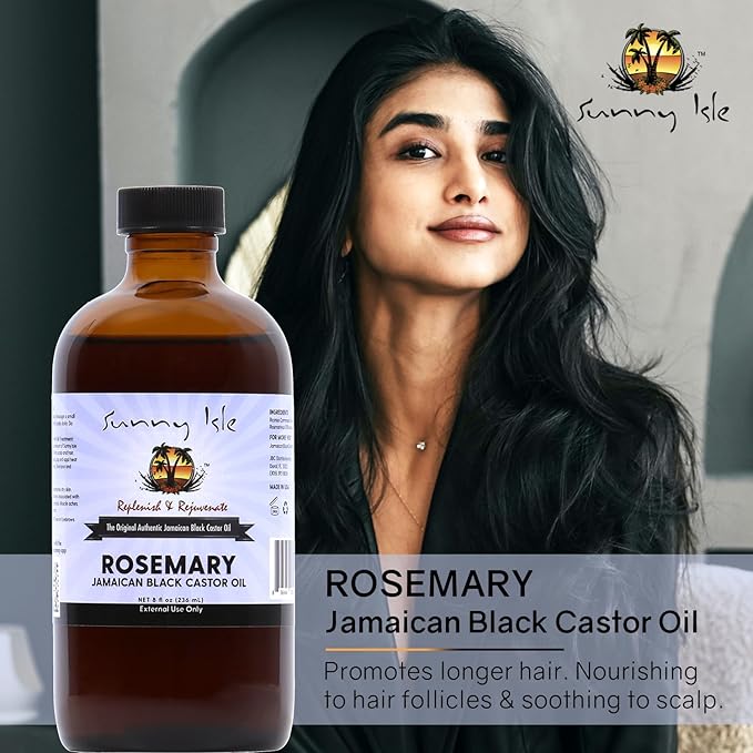 Sunny Isle Rosemary Jamaican Black Castor Oil 8oz | Hair Growth Formula | For Scalp & Gentle Acne-Prone Skin Care | Hot Oil Treatment