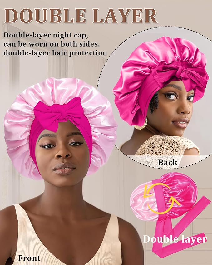 Reversible Satin Bonnet for Sleeping Women Double Layer Hair Bonnet with 2PCS Hair Scrunchies Elastic Tie Band Night Cap