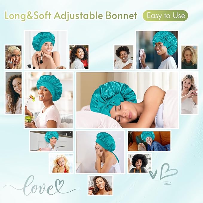 BONNET QUEEN Silk Bonnet for Sleeping Women Satin Bonnet Night Sleep Cap Wrap for Curly Hair with Adjustable Tie Band, Single Layer, Aqua Blue