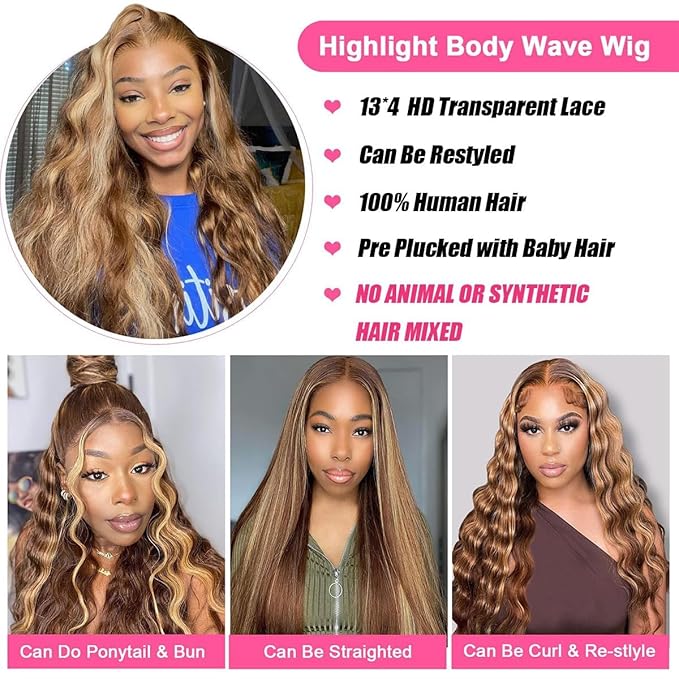 SENSAIRUITE Highlight Ombre Lace Front Wigs Human Hair Pre Plucked 180% Density 13x4 Body Wave Frontal Wigs Human Hair for Black Women 18 Inches