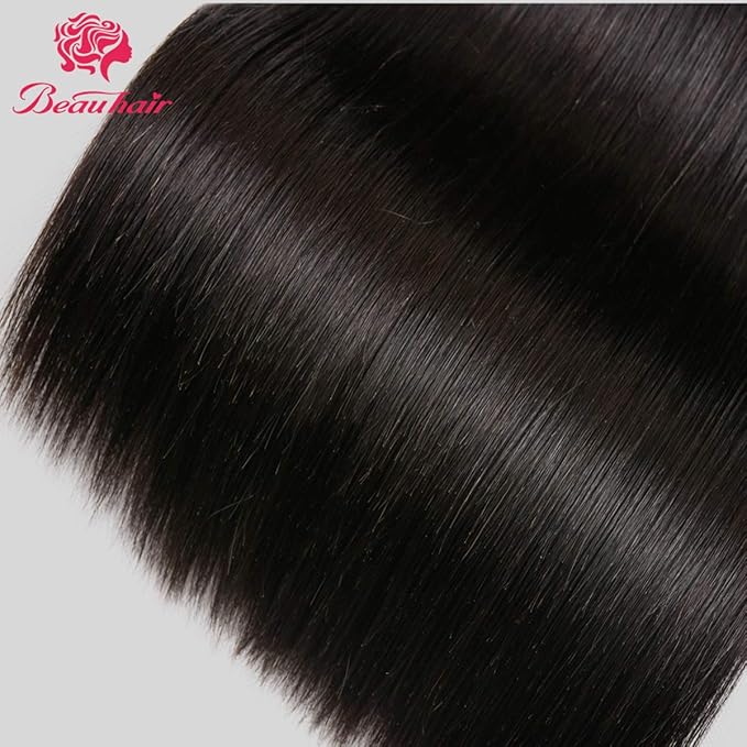 7A Brazilian Straight Hair 3 Bundles with Lace Closure (8 10 12+12 Free Part closure) Virgin Human Hair Weave 100% Unprocessed Human Natural Black Straight Remy Hair Extensions