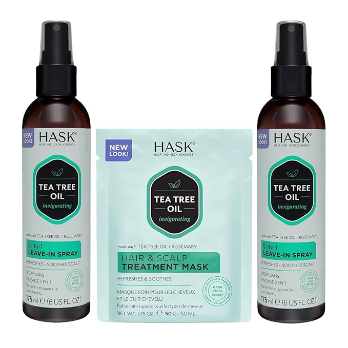 HASK Invigorating TEA TREE OIL 5-in-1 Leave In Conditioner Duo (6oz-Qty 2) & Deep Conditioner Packette, Aluminum-Free, Sulfate-Free, Paraben-Free, Color Safe, for All Hair Types