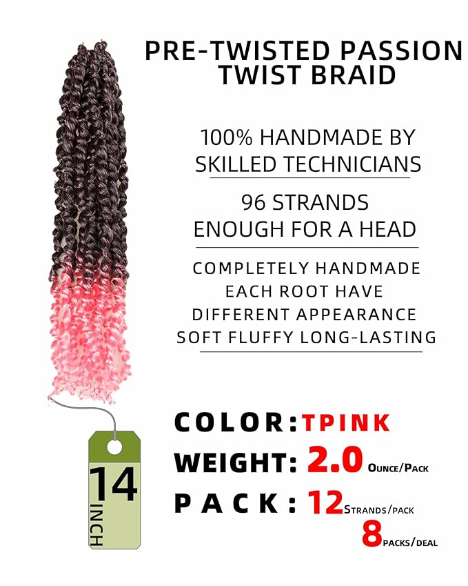 crochet twists pre looped-14 Inches 8 Packs Passion Twist Crochet Hair for Black Women and Kids-Omber Pink,Soft Lightweight Hair Extension(14"-8 Packs,T1B/Pink)