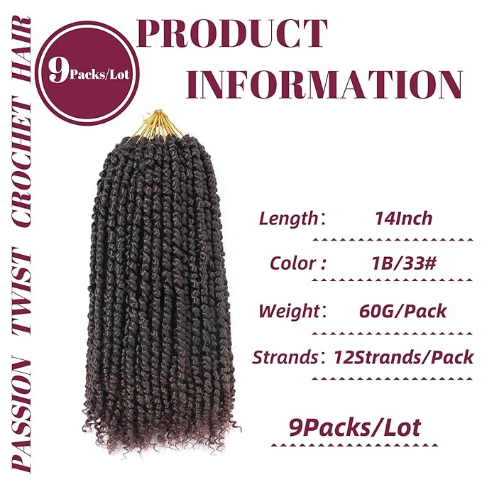 14 Inch Deep Brown Crochet Twists Pre Looped 9 Packs Passion Twist Crochet Hair Braiding Curly Ends Hair Extensions for Women(14 Inch,T33#)