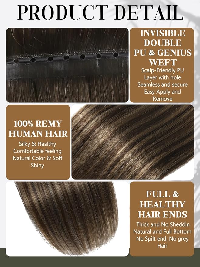 LOXXY Double Layered PU OVO Hair Extension - 18 Inch 100g Butterfly Hand Tied Weft Hair Extensions Human Hair With Holes - Darkest Brown to Chestnut Brown Highlights，Weft Width 31.5"(80cm)