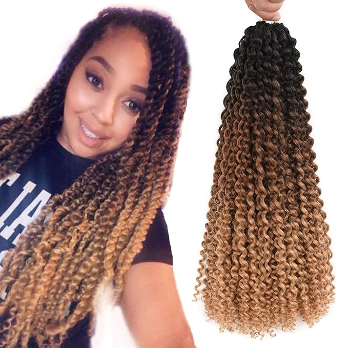 Ombre Passion Twist Hair Water Wave Long Bohemian Curly Crochet Braids For Bomb Twists Goddess Locs Synthetic Braiding Hair Extensions For Black Woman 6 Packs (18inch, Black-dark brown-light brown)