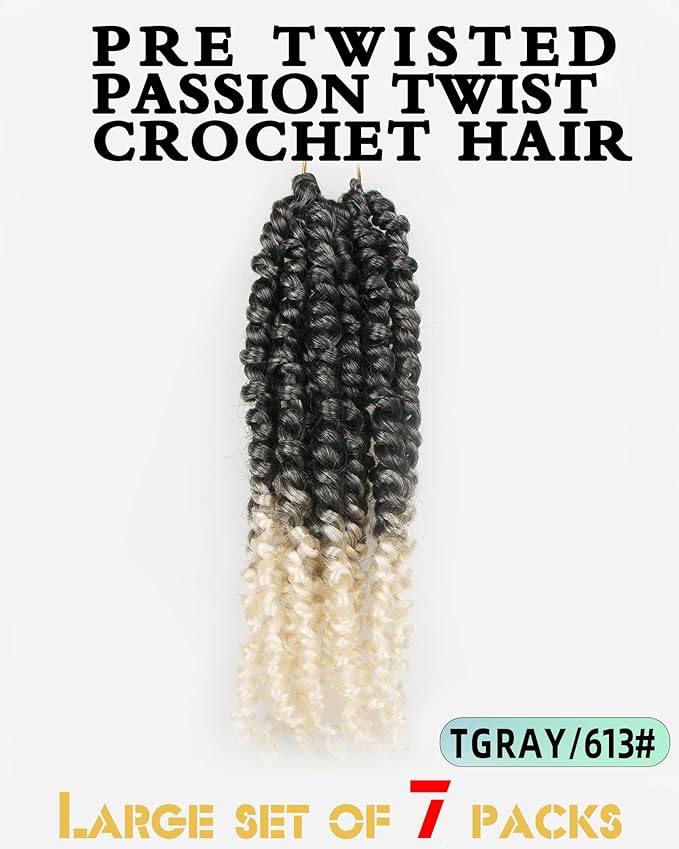 Pre-Twisted Passion Twist Crochet Hair for Black Women Passion Twist Hair Pre Looped Bohemian Braids 10 Inch 7 Packs Ombre Gray to Blonde Short Bob Curly Braiding Hair Extensions(10"-7P,TGray/613#)