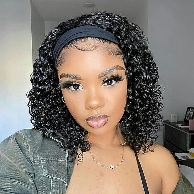 Aiterina Headband Wig Deep Wave 12 Inch Human Hair Headband Wig Curly hair Glueless Human Hair Wigs Machine Made No Lace deep Curly Headband Wigs Natural color