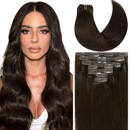 Caliee Remy Clip in Hair Extensions Human Hair 2A Light Dark Brown 140G 7PCS Hair Extensions Clip in Human Hair Silky Straight Short Thick Real Hair Extensions for Women 22Inch
