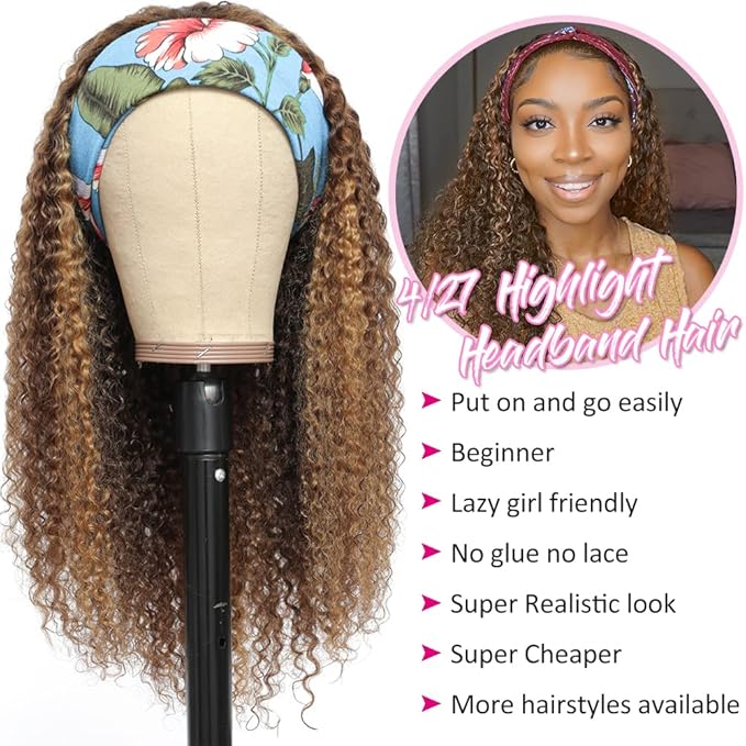 Eooma #4/27 Omber Headband Wig Curly Human Hair Wigs for Black Women 10A 180% Density Brazilian Kinky Curly Human Hair Headband Wigs Scarf No Gel Gluelees 24 Inch Remy Hair