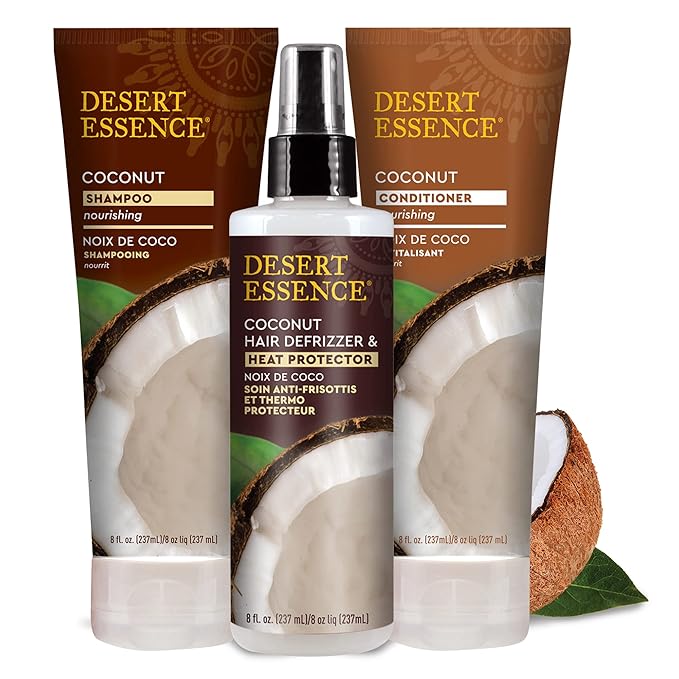 Desert Essence Coconut Hair Defrizzer & Heat Protector 8 fl oz - Gluten Free, Vegan, Cruelty Free - Coconut Oil & Jojoba Seed Extract - Protects Hair from Heat & Styling Damage
