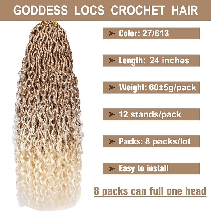 COOKOO 24 Inch Goddess Locs Crochet Hair 8 Packs Blonde Faux Locs Crochet Hair for Black Women Pre Looped River Locs Crochet Hair with Curls Bohemian Locs Synthetic Hair Extensions 27/613#