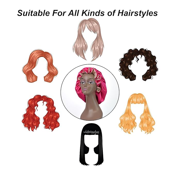 Silk Bonnet for Sleeping Satin Bonnets Double Layer Reversible Hair Cap Bonnet for Women Long Curly Braid Hair (Hot Pink)