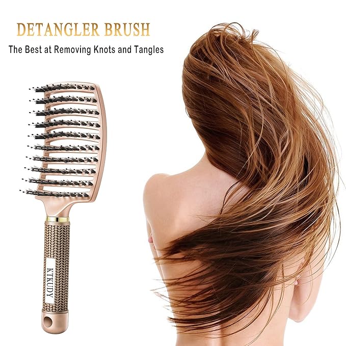KTKUDY Detangling Brush Getting Knots Out without Pain - Boar Bristles Hairbrush Make Hair Shiny & Healthier Vented Detangler Brush for Women Men Kids Wet and Dry Hair (Gold)