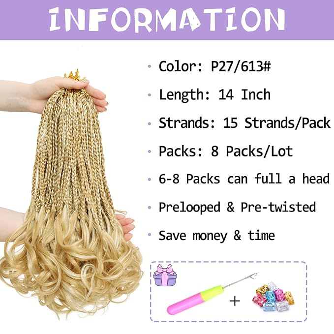French Curl Crochet Braids 14 Inch Goddess Box Braids Crochet Hair for Women Pre Looped Crochet Box Braid with Curly Ends Synthetic French Curly Braiding Hair Extensions (8 Packs，P27/613)