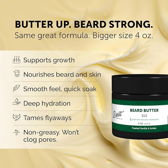 Detroit Grooming Co. Beard Butter for Men | Softens, Thickens & Hydrates with Safflower Oil & Shea Butter | 313 Scent, 4oz