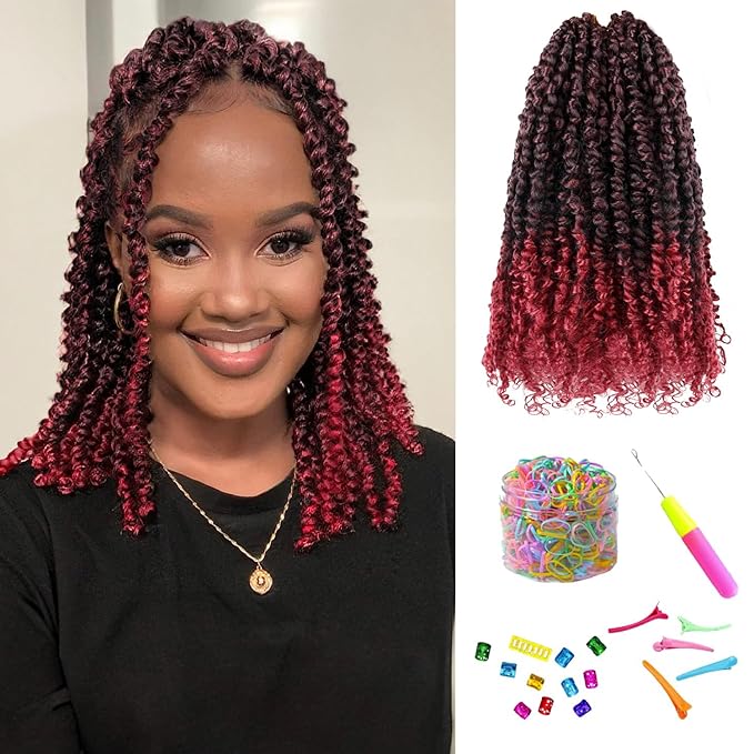 14 Inches 8 Packs Passion Twist Crochet Hair-Ombre Burgundy Pre-twisted Passion Twists,Pre-Looped Crochet Braids Made Of Bohemian Hair Synthetic Braiding Hair Extensions (14 Inch(Pack of 8), TBUG)