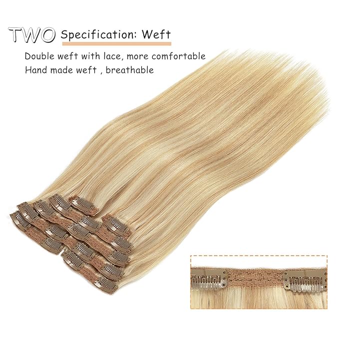 Caliee 22Inch Real Hair Extensions - Clip in Human Hair, Natural Silky Straight, Balayage, Light Golden Brown Mixed Highlight, Platinume 140G 7PCS