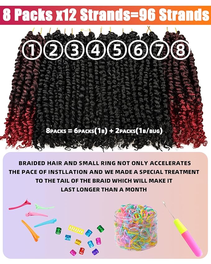10 Inches 8 Packs Passion Twist Crochet Hair for Black Women-Mixed Color Combo Pack(6 packs 1B+2 packs T1B/BUG),Pre-twisted Pre Looped Soft Synthetic Braided Hair Extensions(10"-8 Packs,1B+TBUG)