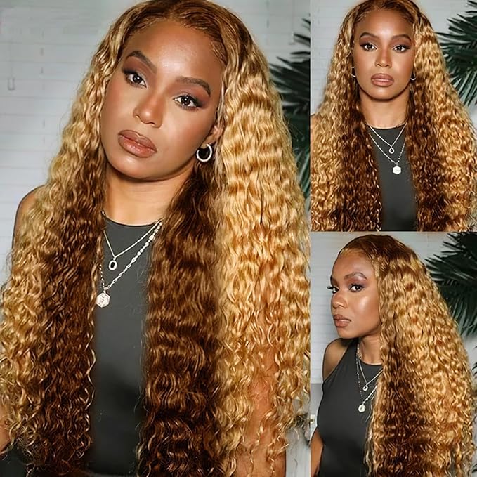 MEGOOD 250% Density 13x6 Highlight Ombre Lace Front Wig Human Hair 13x6 HD Honey Blonde 4/27 Curly Wig Human Hair Pre Plucked Deep Wave Lace Front Wigs Human Hair Colored Wigs 28Inch