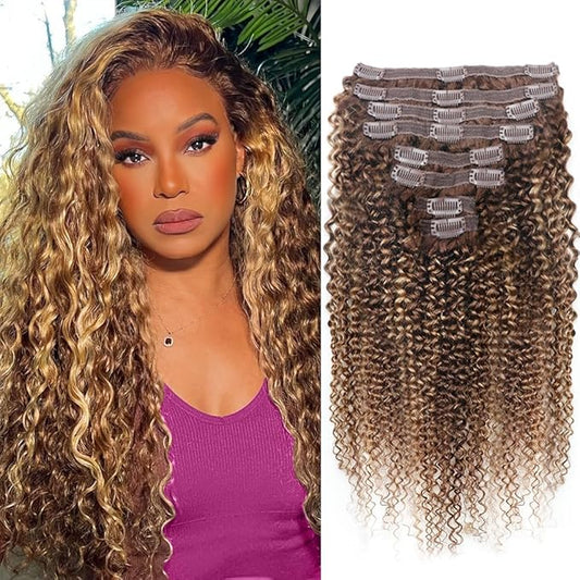 Curly Clip In Hair Extensions Real Human Hair Clip Ins Balayage Chocolate Brown to Caramel Blonde Human Hair Extensions 8Pcs with18clips 120g/Set (26 inch，#4/27/4)