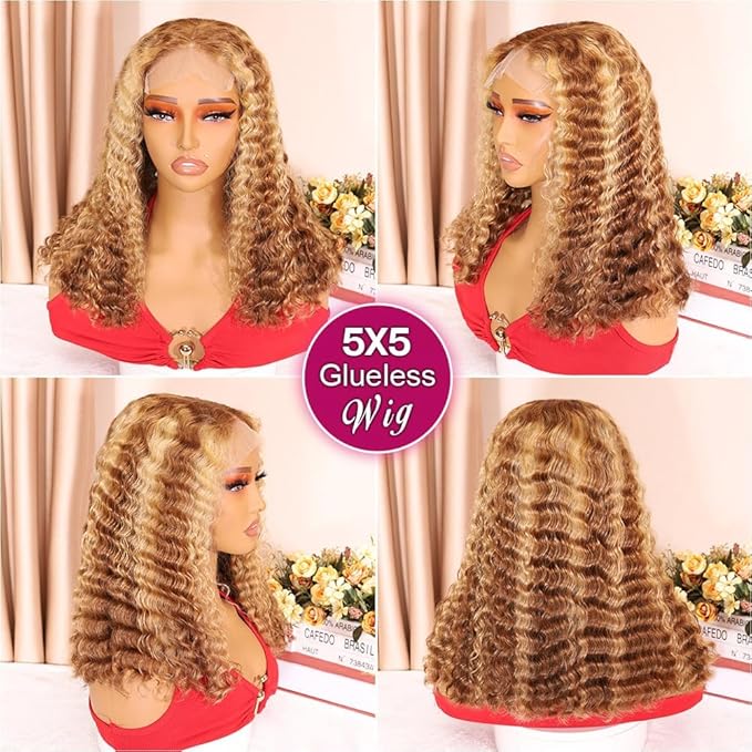 Curly Bob Wig Human Hair Deep Wave 200% Density 5x5 HD Lace Closure Wigs Human Hair Bob Wigs For Black Women Wear And Go Glueless Curly Wig Highlight Color 16 Inch