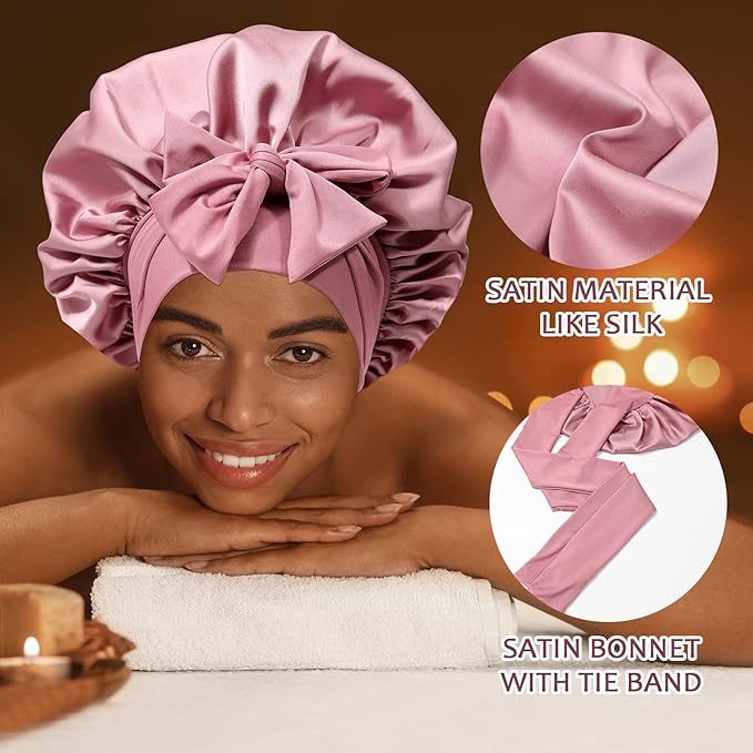 Satin Hair Bonnet Wide Band - Silk Like Sleeping Bonnets for Curly Hair Hair Wrap for Night Cap with Tie Band Breathable Satin Bonnet for Women and Girls (Dust Rose)