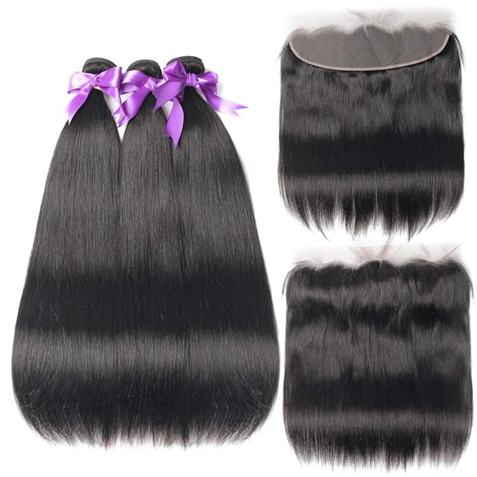 Brazilian Straight Hair 3 Bundles With Frontal Closure 13x4 Ear To Ear Lace Frontal With Bundles Unprocessed Virgin Human Hair Extensions Natural Color (18 20 22+18Frontal)