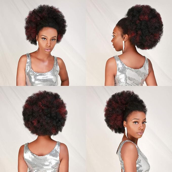 GLAM21USA Afro Puff Drawstring Ponytail Retro Kinky Curly Ponytail Wig Clip in Bun Hair Piece for Black Women Synthetic Hair Extension (LARGE, FS1B/BG (Off black frosted with Burgundy))