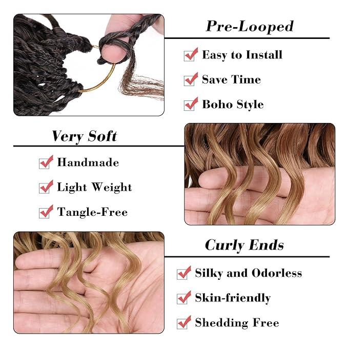 Leeven 10 Inch Pre Looped Ocean Wave Crochet Hair 8 Packs Short Curly Crochet Hair Ombre Brown to Blonde Boho Ocean Braids Pre Twisted Synthetic Deep Wavy Crochet Hair for Women