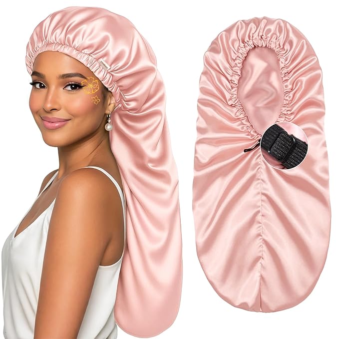 YANIBEST Long Bonnet Braid Bonnet for Sleeping Adjustable Satin Silk Bonnet for Braids Sleep Bonnet for Women Locs Blush Pink
