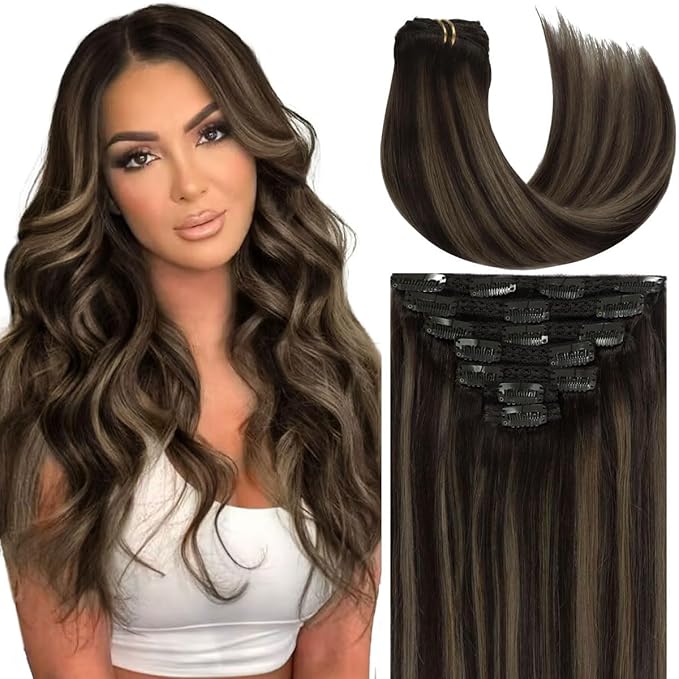 Caliee Lace Clip in Hair Extensions Human Hair 14Inch R1B-1B/6A Balayage Natural Black to Light Chestnut Brown Hair Extensions Clip ins Real Human Hair 7Pcs 120G Double Weft Thick Long Soft Silky