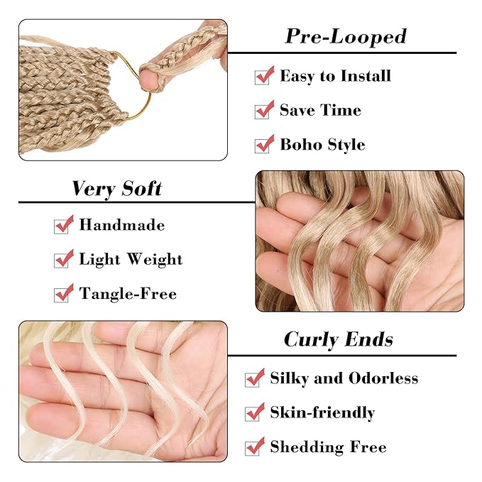 Leeven 14 Inch 8 Packs Ocean Wave Crochet Hair Pre Looped Ombre Blonde Boho Curly Crochet Hair Short Ocean Braids Pre Twisted Synthetic Deep Wavy Crochet Hair for Women #T27/613