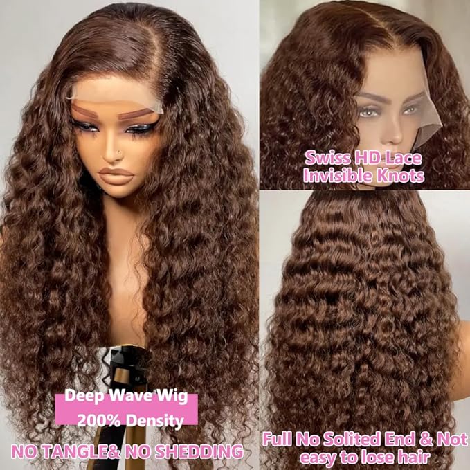 28Inch Chocolate Brown Lace Front Wig Human Hair 200 Density 13x6 HD Deep Wave Lace Front Wigs Human Hair Colored Deep Curly Lace Frontal Wigs Glueless Wig Brown Wig Wigs for Women
