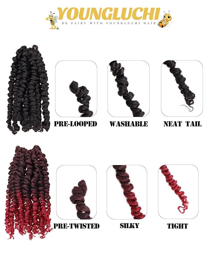 6 Inch 8 Packs Mixed Colors Combo Pack,Pre Looped Pretwisted Passion Twist Crochet Hair For Women -Super Short Crochet Hair Extensions Braided by Synthetic Spring Kinky Twist Bohemian Curls(1B+TBUG)