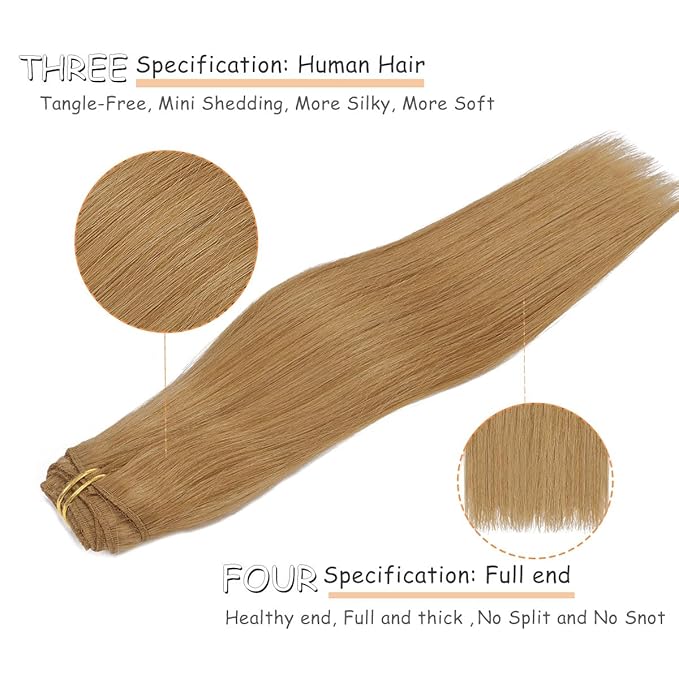 Caliee Real Hair Extensions Clip in Human Hair for Full Head Color 27 Caramel Blonde Seamless Clip in Hair Extensions Double Weft Lace 140G 20Inch