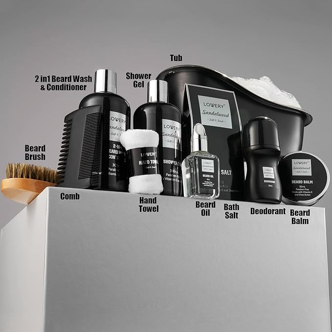 Gifts for Men, Mens Body And Wash Gift Set Beard Kit and Body Care, Unique for Dad Sandalwood Spa Baskets, Bath and Beard Grooming Kit, Gifts for Husband Him Beard Balm Growth Oil