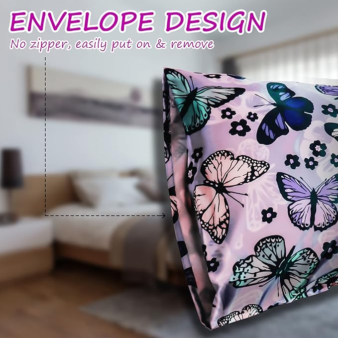 Purple Satin Pillowcase for Hair and Skin, King Satin Pillowcase Set of 2, Silky Satin Pillow Cases for Women 2 Pack with Envelope Closure (20’’x36’’, Butterflies & Flower)