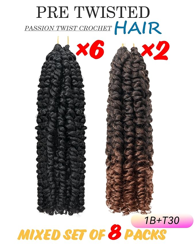 Passion Twist Crochet Hair 10 Inch Pre Looped-Mixed Color Combo Pack(6 packs 1B+2 packs T1B/30),Pre-twisted Soft & Bouncy Synthetic Braided Hair Extensions For Black Women (10 Inch-8 Packs,1B+T30)