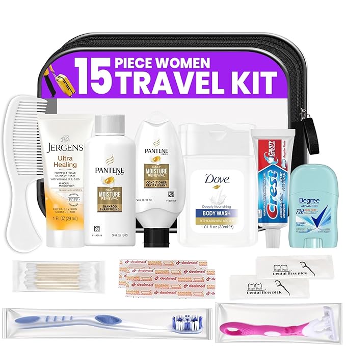 Trektote Bulk Hygiene Kit For Women – (25 Pack) 15 Piece Set – Featuring Top Trusted Brands, TSA Compliant, Bulk Travel Essentials, Includes Shampoo And Conditioner, Lotion, Toiletry Bag & More