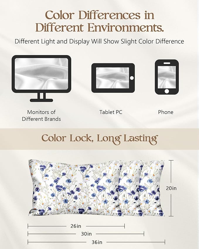 Silk Pillowcase 2 Pack - Pillow Cases 20" x 30" Queen Size Set of 2 for Hair and Skin Smooth Soft Breathable with Hidden Zipper Cooling Pillow Covers for Sleeping,Blue Daisy