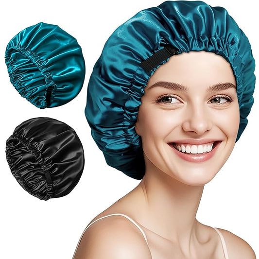 2 Pack silk bonnet for sleeping women-Double Layer Adjustable Sleep Cap-Soft and Silk Hair Bonnet for Curly Hair Protection-(Black & Teal)