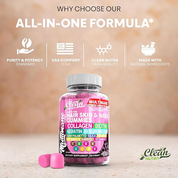 Clean Nutraceuticals Biotin Collagen Keratin Gummies | Hair Skin and Nails Vitamins for Women | Hyaluronic Acid Bamboo Vitamin A C D3 E Folate with Saw Palmetto Silica B3 B12 Vegan Gummy
