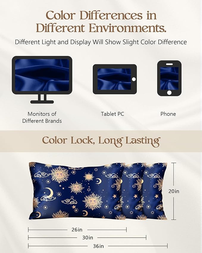 Silk Pillowcase 2 Pack - Pillow Cases 20" x 36" King Size Set of 2 for Hair and Skin Smooth Soft Breathable with Hidden Zipper Cooling Pillow Covers for Sleeping, Sun Moon Sign