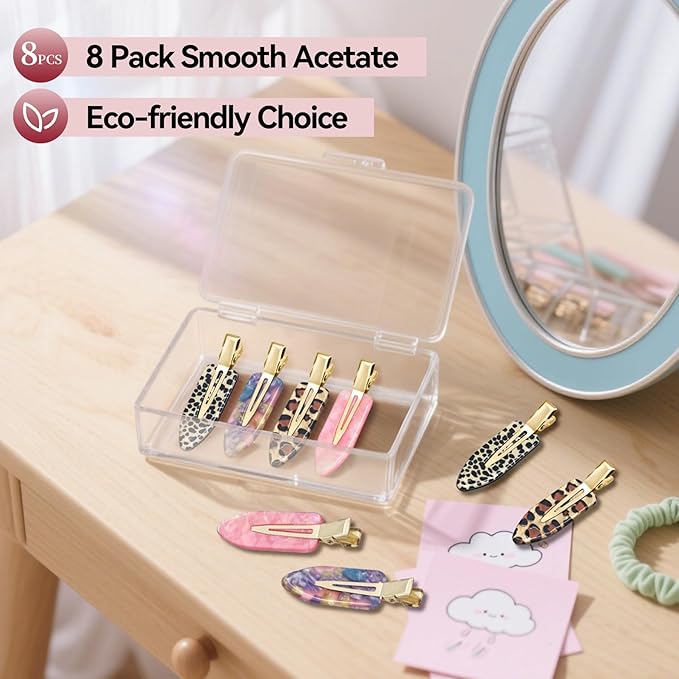 8 Pcs No bend Hair Clips No Crease Makeup Duckbill Clip No Dent Creaseless Flat Alligator Hair Barrettes for Salon Hairstyle Women Girls Accessories Cellulose Acetate(Leopard)
